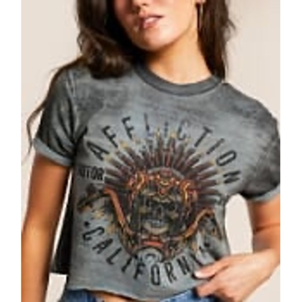 Affliction‎ Ancient Rumble Crop Top Grey Shredded Braided Back Skull Graphic XS